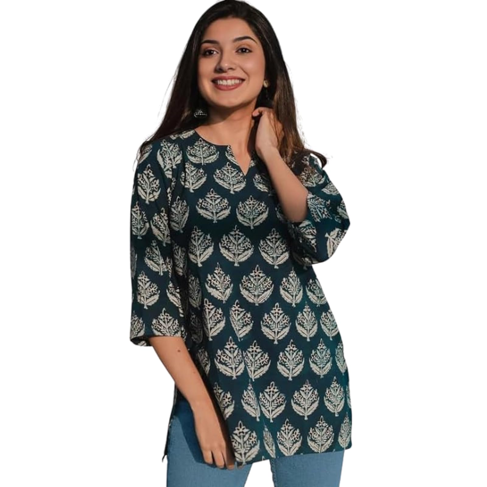 Women's Regular Fit Printed Tunic Top with 3/4 Sleeves and V Nack Long Length | Night Top for Women