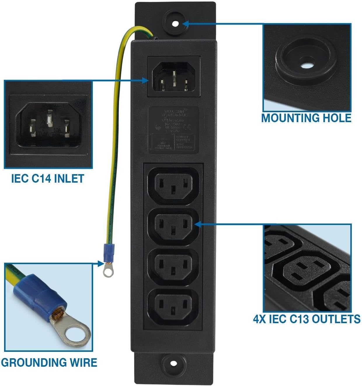 Conntek Server 10A 250V IEC Power Strip C14 Inlet to IEC 320 Sheet F Outlets 4 with Grounding Wire Out