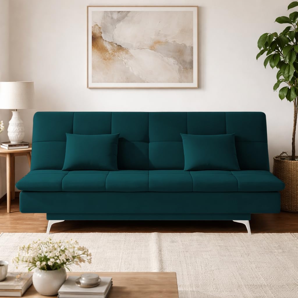 Adorn India Premium New Aspen 3 Seater Sofa Cum Bed 4X6 Velvet Suede with 2 Cushions (Color Ocean Blue) and Suitable for All Indoor, with 3 Years Warranty