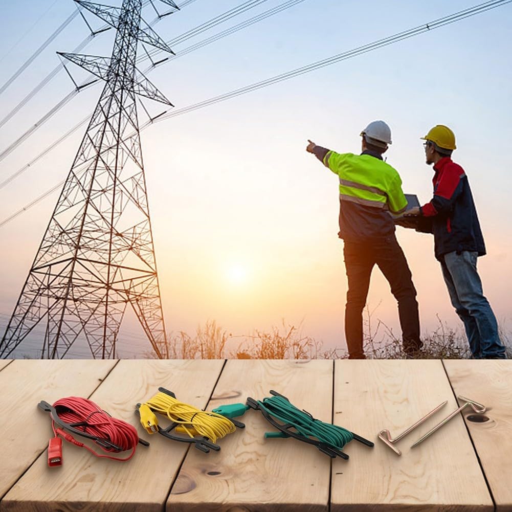 Niceminiwall Digitales Erdungswiderstandsmessgerät, Zubehör-Testset mit 3 farbcodierten Messleitungen und 2 Hilfserdungen für Stangen für professionelle elektrische Erdungsprüfung (0)