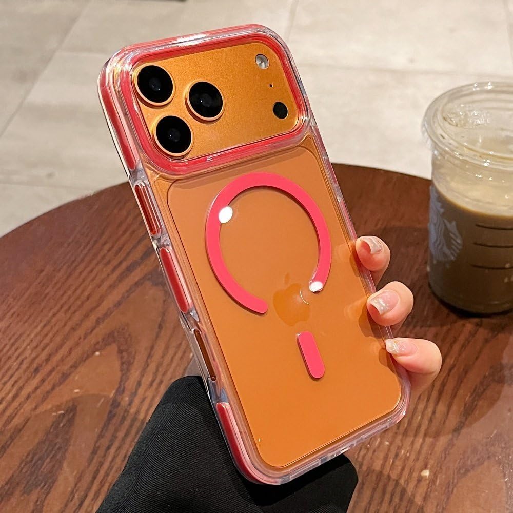 Transparent Wireless Charging Phone Case for iPhone 17 Pro Max 16 15 14 Plus 13 12 11 Air Shockproof Bumper PC Cover,Rose Red,for iPhone Air