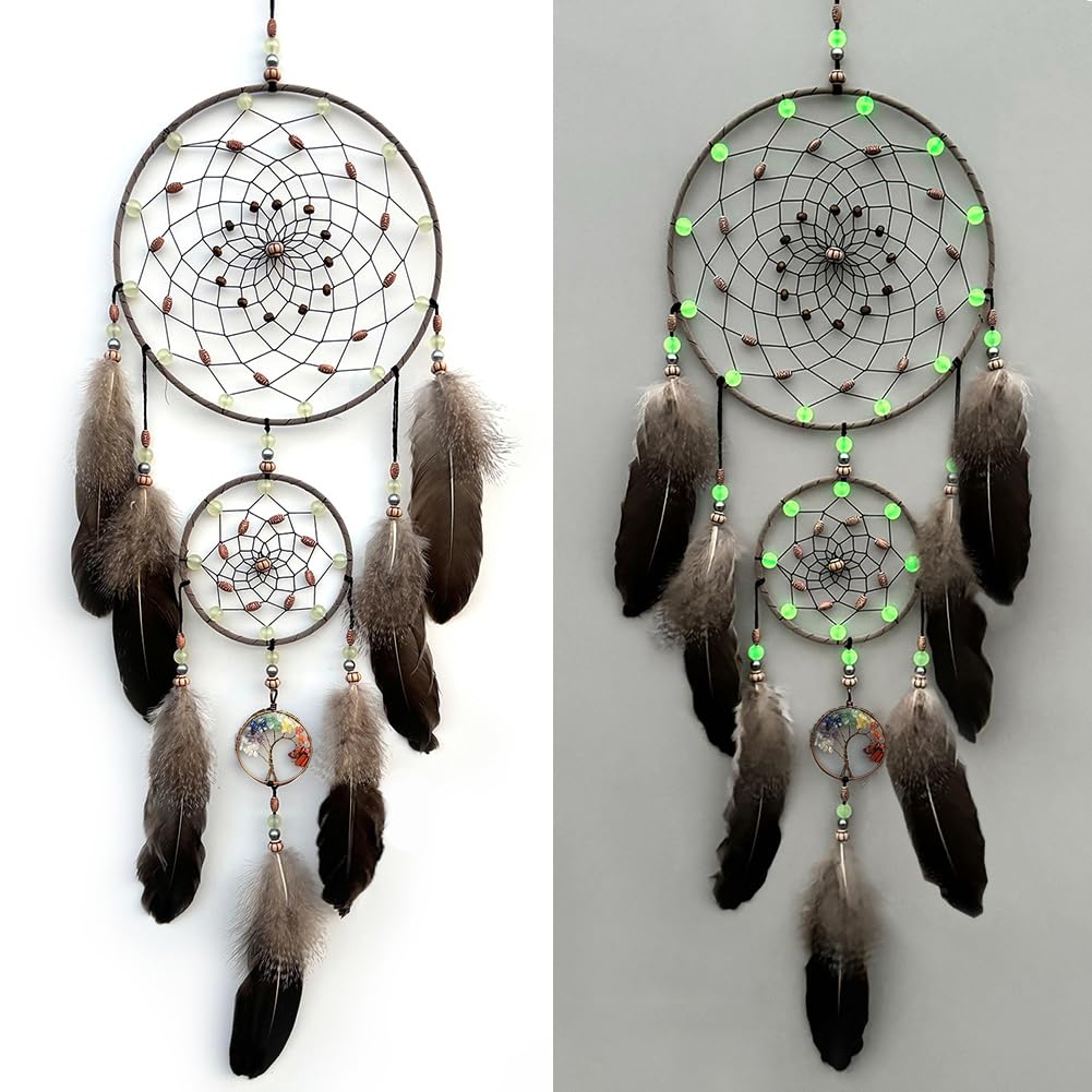 YUEMOOLIX Dream Catcher with Luminous Beads for Wall Decor 7 Chakra Tree of Life Handmade Hanging Crafts Brown Feather Wall Art Ornaments for Bedroom