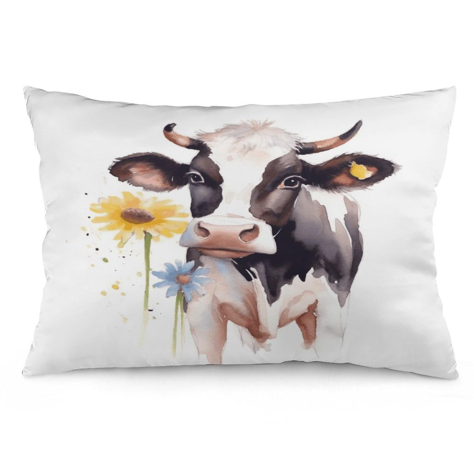 Watercolor Cow and Daisy Flower Throw Pillow Cover Soft Lumbar Pillow Covers with Zipper Breathable Rectangular Cushion Case Polyester Pillow Case Decorative Body Pillow Cover for Couch Bed