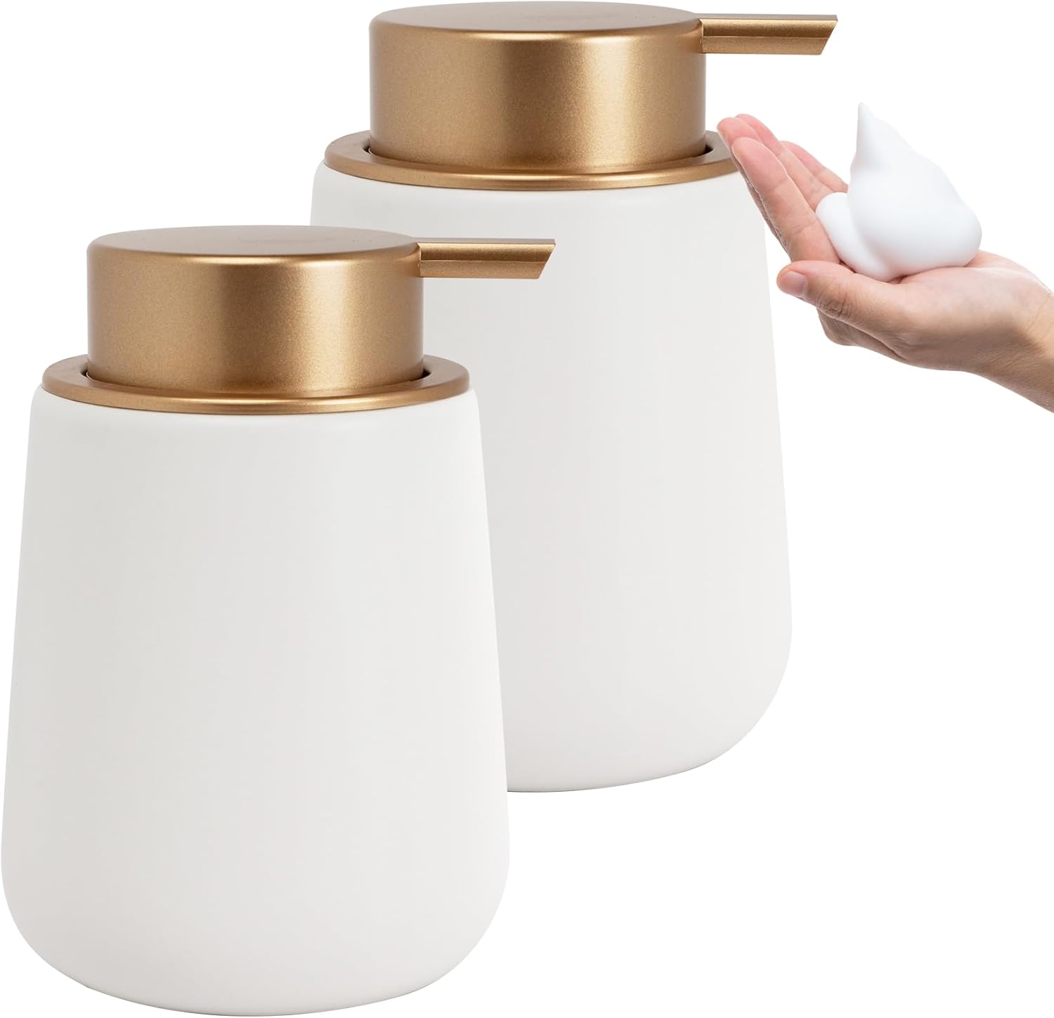 Soap Foaming Dispenser Ceramic with Easy-to-Press Pump Hand Foam Dispenser for Shampoo Bathroom Kitchen 12 oz 2pcs Foam-goldwhite 2pcs