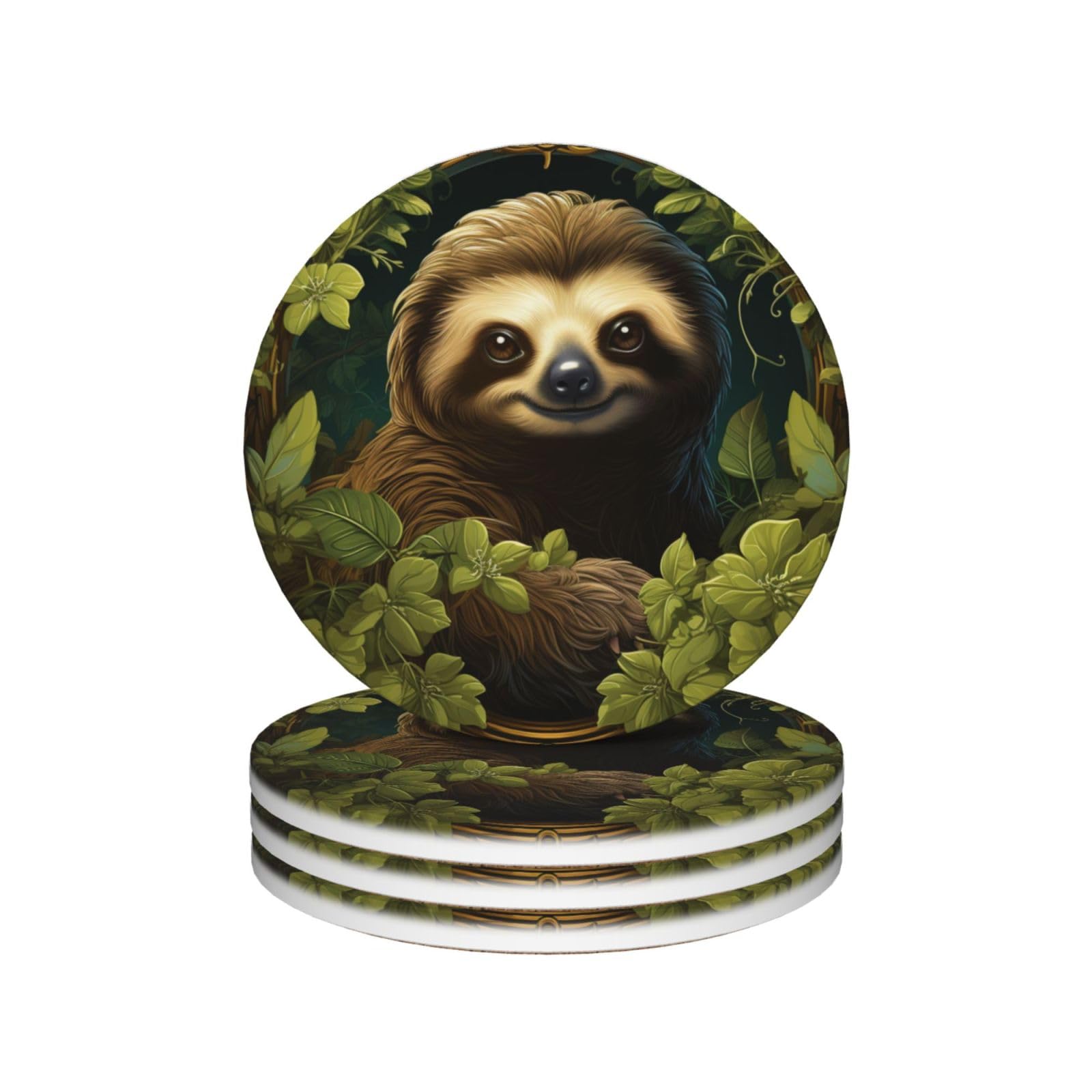 Drink Coasters Set of 4 Ceramic Coaster Sloth Coasters for Drinks Cups Mugs Mat Pads Absorbent Non-Slip Decorative Cup Coaster for Coffee Table Kitchen Bar Home Decor
