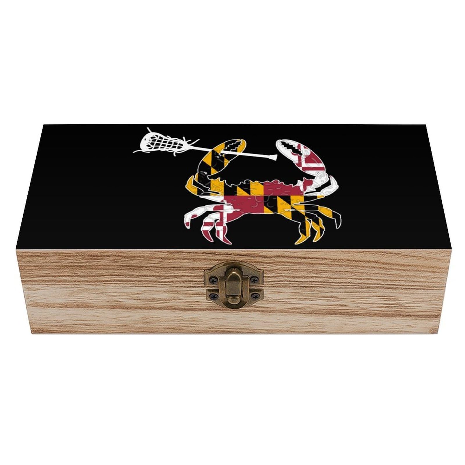 HLBSDM Maryland State Flag Crab Lacrosse Wooden Box with Hinged Lid Decorative Storage Case Container