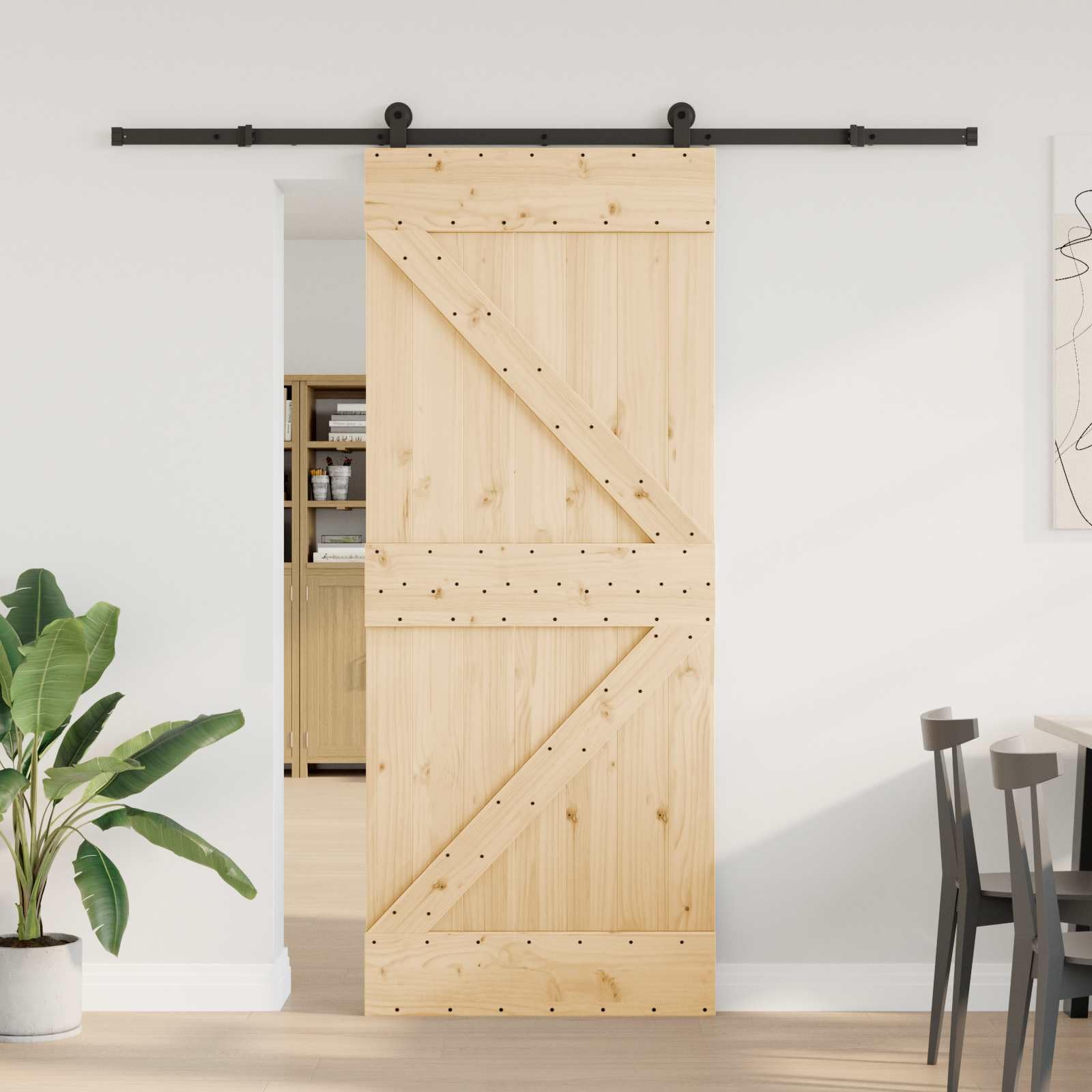 Puerta corredera Narvik natural y negra 213,5 cm | Madera de pino maciza, riel de acero, mecanismo superior, diseño de ahorro de espacio, para interiores