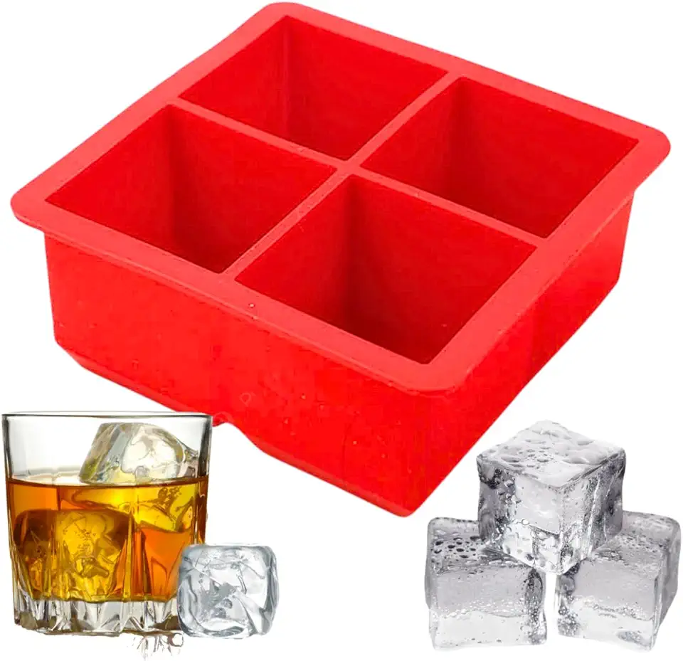 Forma De Gelo Em Silicone Quadrada 11cm x 11cm Grande 4 Cavidades Gelo Em Cubos Para Coquetéis Drinks Whisky Forma Flexível (Vermelho)