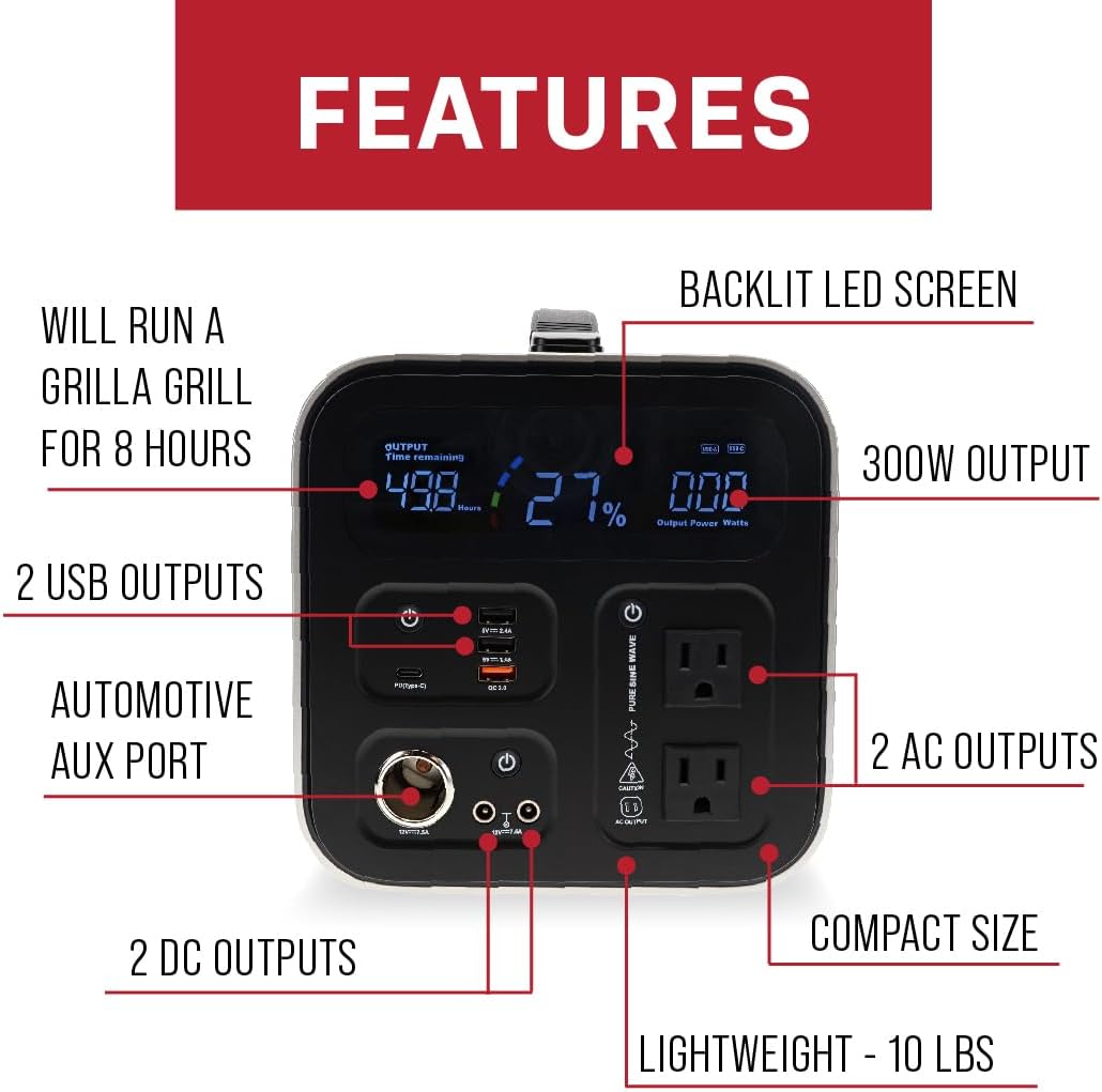 Grilla Grills Power Station with 300W Output, 10lb Lightweight Design, 2 120V Outputs, 2 DC Ports, Backlit LED Screen, Rechargeable Battery for Grilling, Tailgating, Camping, Outdoors