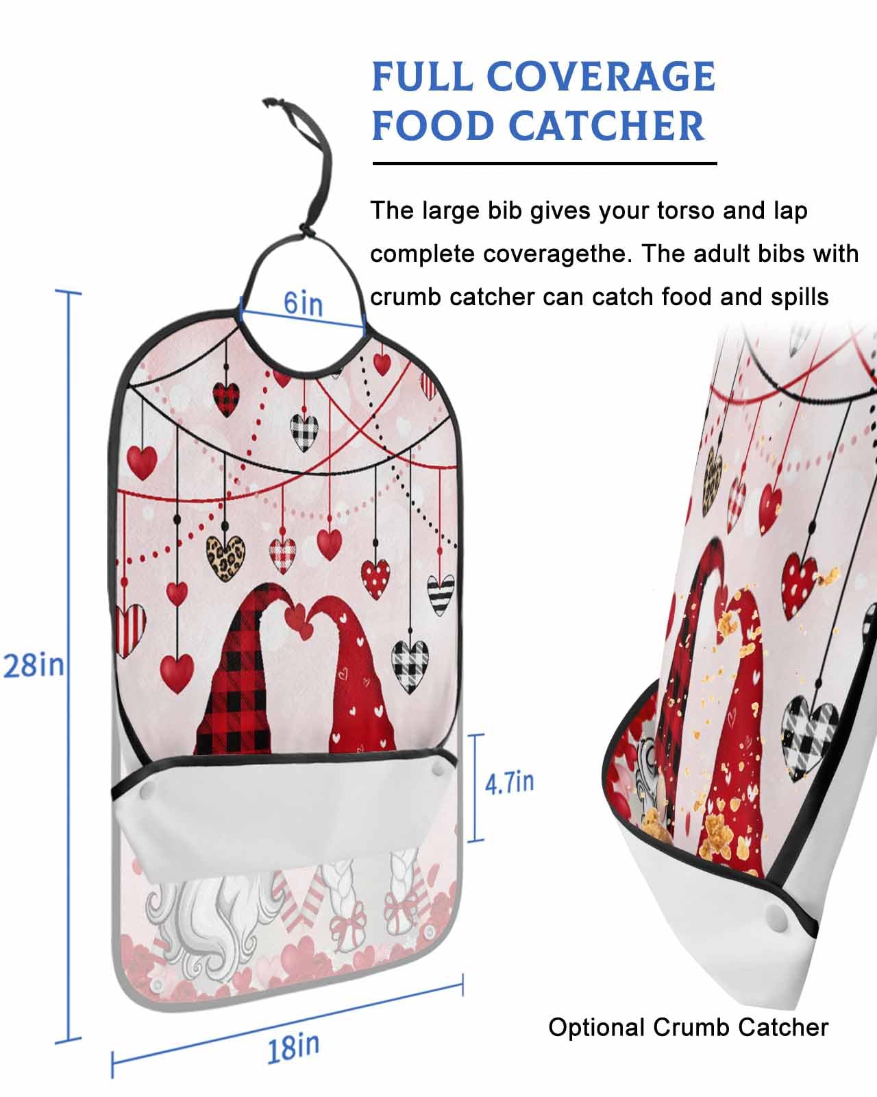 LEOKOTI Red Gnomes Valentines Day Adult Bibs for Eating, Waterproof Bibs with Food Catcher & Adjustable Snap Closure, Red Floral Love Heart Pink Washable Clothing Protectors Adult Bibs for Elderly