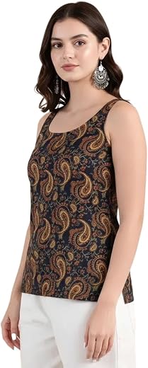 Pinkmint Kurti for Women Printed Sleeveless Women's Kurti Top with Back Tie-Up | Cotton Blend Ethnic Fusion Women Top for ...