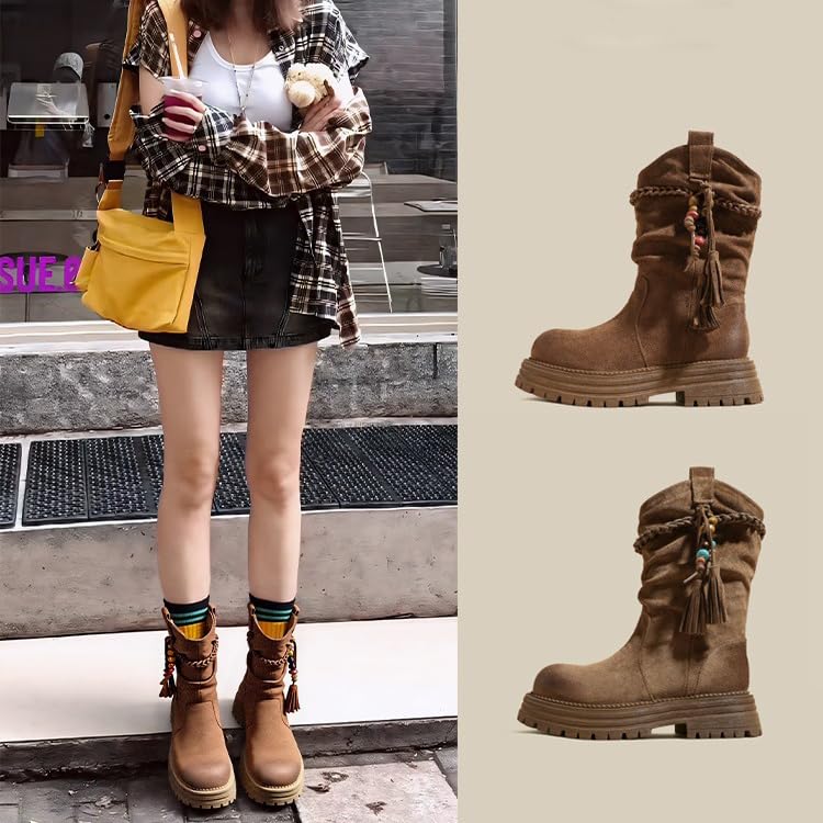 Women'S Suede Braided Fringe Strap Platform Chunky Heel Slouchy Mid-Calf Boots Autumn Winter Pull-On Lug Sole Low Block Heel Wide Width Boots4