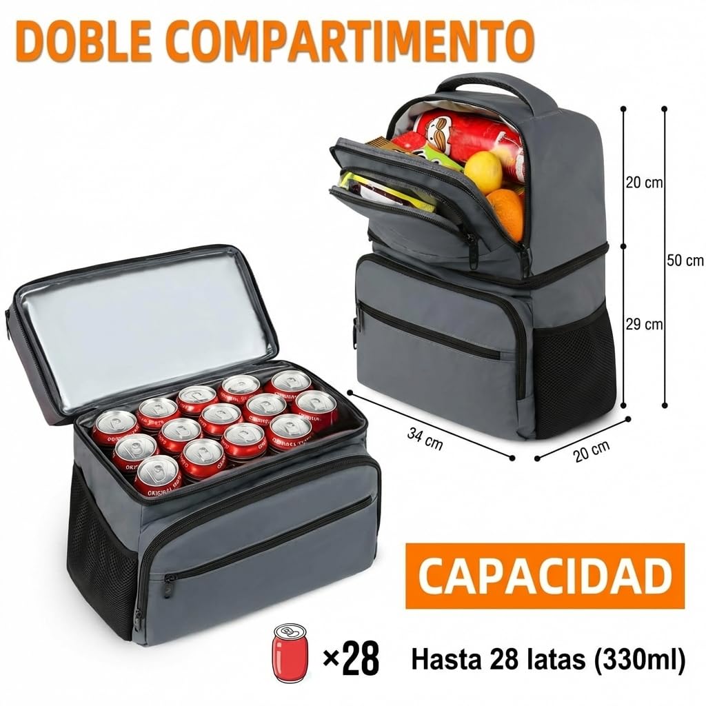 MATEIN Mochila Nevera 30 litros con Capacidad de hasta 40 Latas, Mochila Termica Porta Alimentos de Doble Compartimento Ligera y Antifugas Bolsa Isotermica para Playa, Camping y Senderismo, Gris