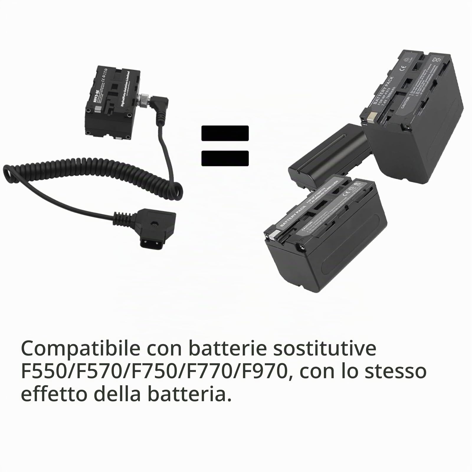 NPF3-SE NP-F Batteria Fittizia con USB-C e D-Tap Input | 5525 Locking Cable Compatibile con NP-F550/570/750/770/970 per LED Lights, Monitors e V-Mount Power