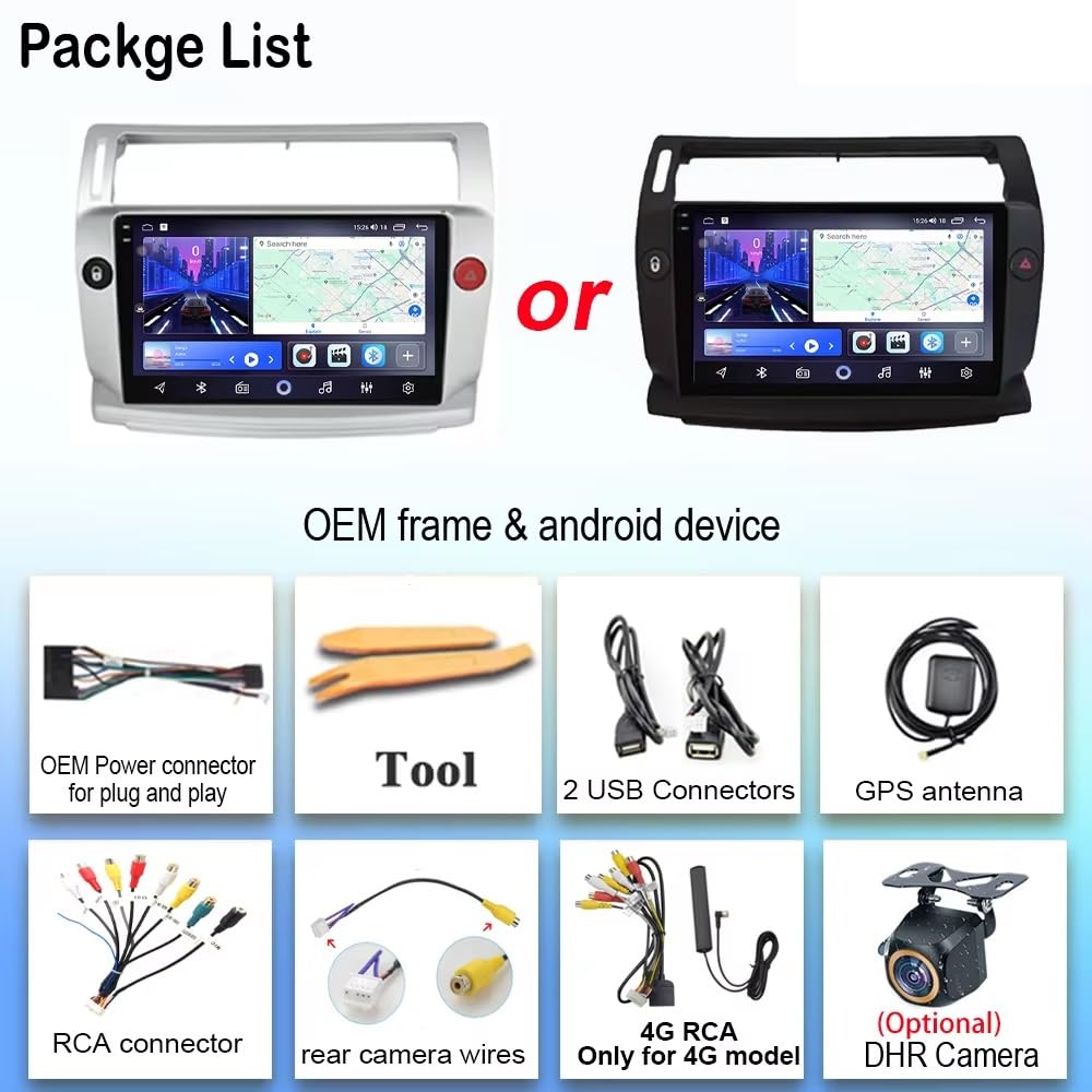 Ekran Carplay dla Citroen C4 c-triomphe Quatre 2004-2014 Mirror Link, Asystent Głosowy, Nawigacja Na Żywo, Ekran Dotykowy, Bluetooth, 4 Rdzeń 4G+64G