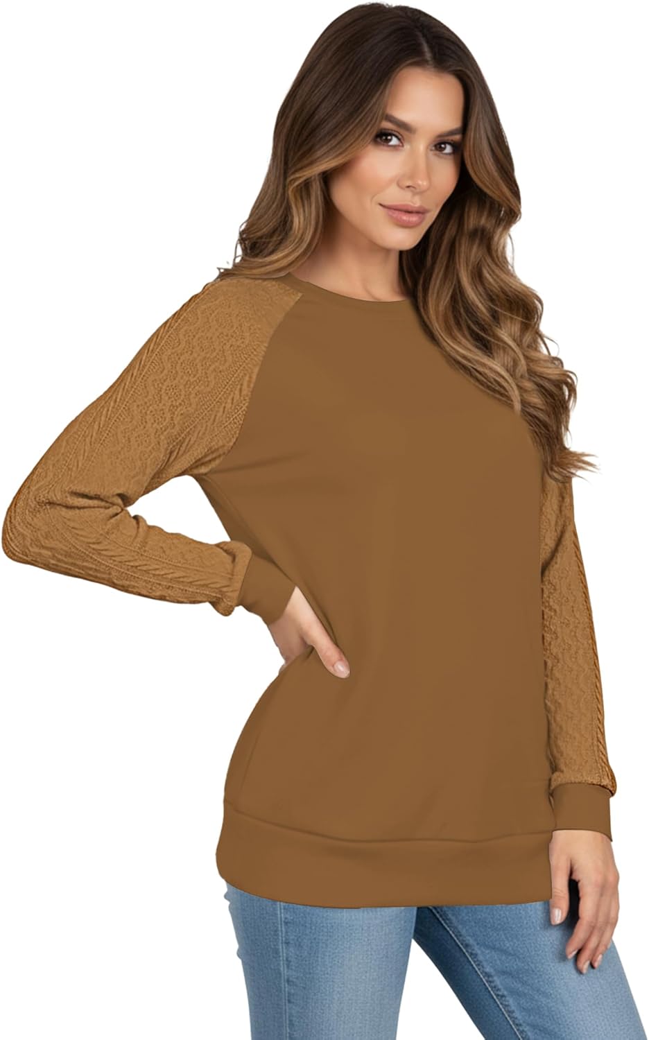 Sweatshirts for Women Crewneck Cable Knit Sleeve Pullover Sweaters Lightweight Fashion 2024 Fall Trendy Tunic Tops Lightweight Clothes Casual Blouses Solid Color Dressy Business Work Shirts Coffee - Image 4
