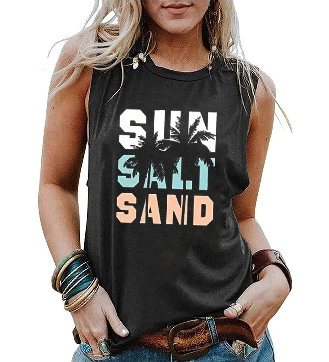 PingyongchangSun Sand and A Drink in My Hand Tank Tops Beach Letter Graphic Hawaiian Vest Casual Summer Vacation Holiday Cami Shirt