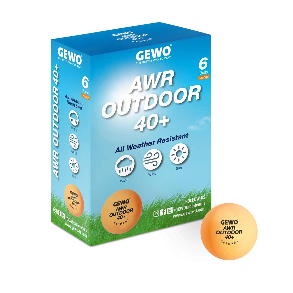 GEWO AWR Outdoor 40+ piłka do tenisa stołowego – wodoodporne plastikowe piłki do gry na zewnątrz – wysokiej jakości, odporne na warunki atmosferyczne.
