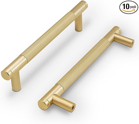 COTYKILEY 10 Pack 5 Inch(128mm) Brushed Brass Cabinet Handles Gold Knurled Kitchen Cabinet Pulls Cabinet Door Handles Kitchen Cabinet Hardware