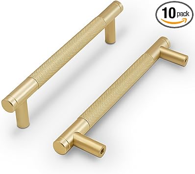 COTYKILEY 10 Pack 5 Inch(128mm) Brushed Brass Cabinet Handles Gold Knurled Kitchen Cabinet Pulls Cabinet Door Handles Kitchen Cabinet Hardware