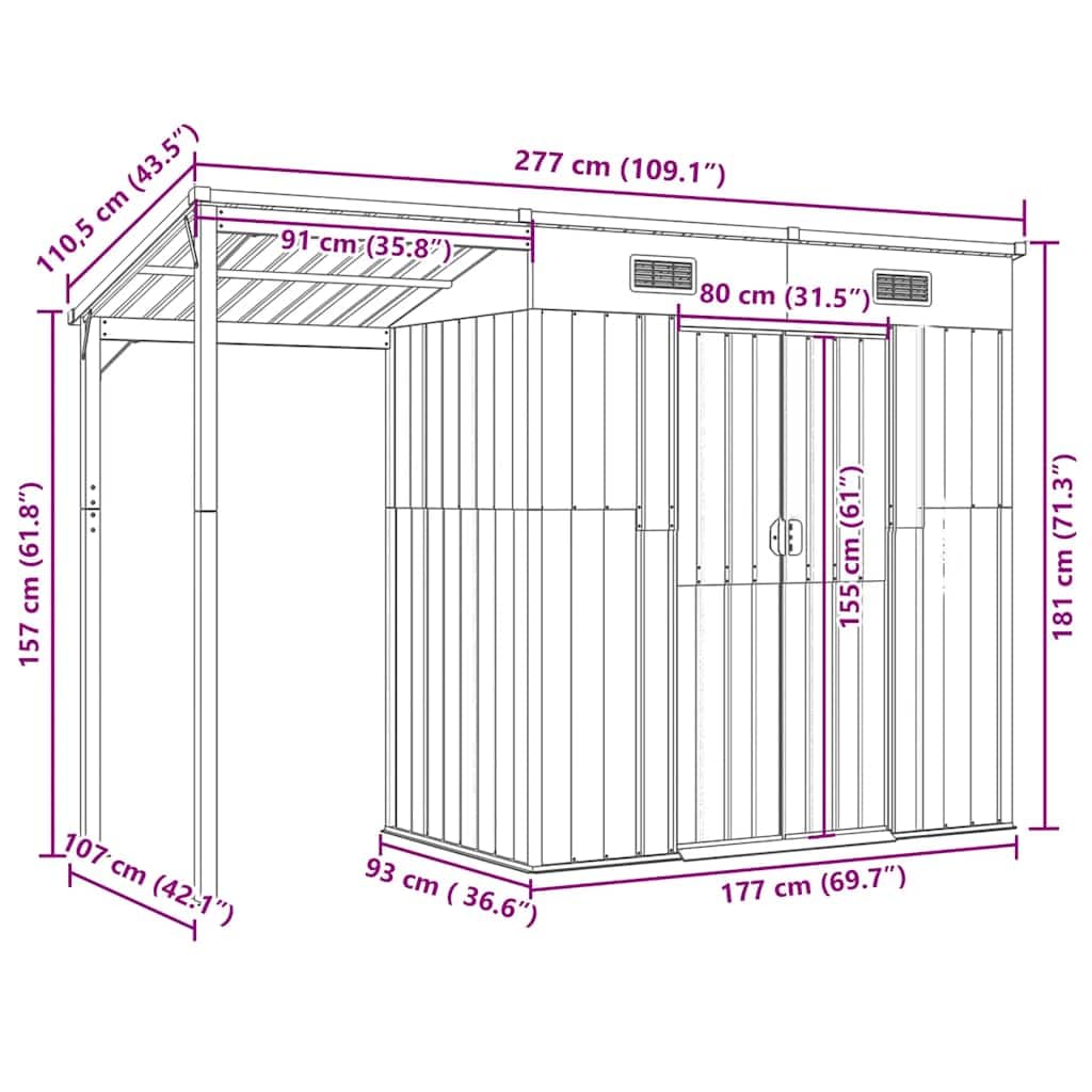 vidaXL Capanno Giardino con Tetto Esteso Verde 277x107x181cm Acciaio