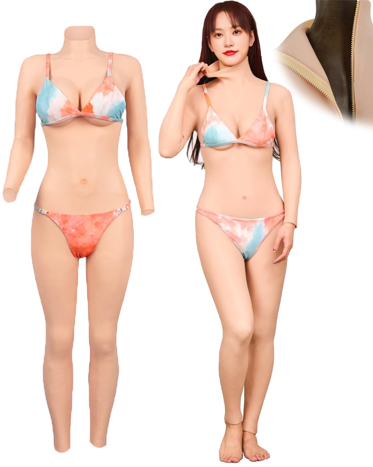 KUMIHO Silicone Bodysuit Silicone Breastplate D Cup with Zipper Fake Breast for Crossdresser Drag Queen Transgender Cosplay