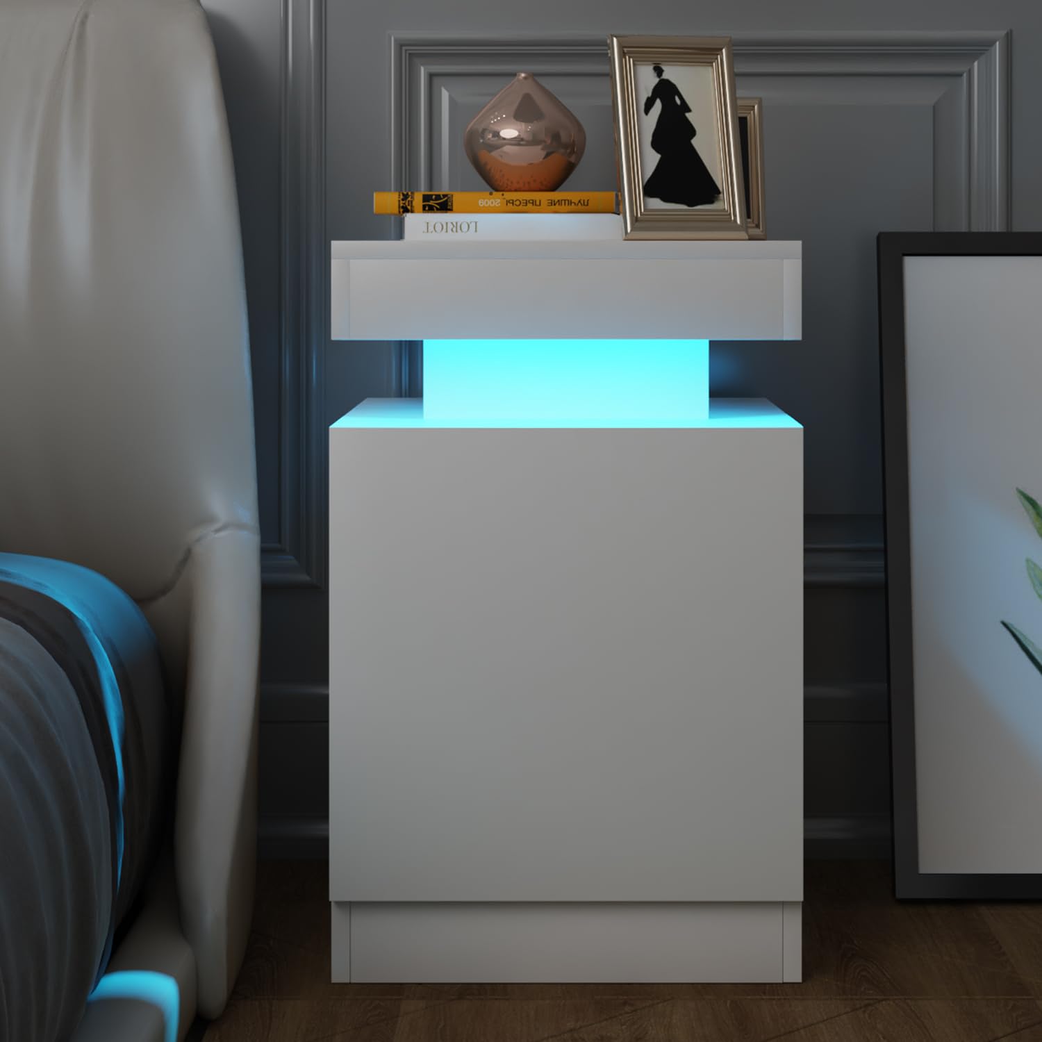 Sonegra Set of 2 Nightstand, White, with 24 Color LED Lights