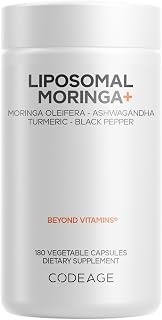 Codeage Liposomal Moringa+ Supplement, 400mg Moringa 50:1 Extract - Turmeric, Ashwagandha, Black Pepper, 3-Month Supply, Vegan Moringa Powder - 180 Capsules