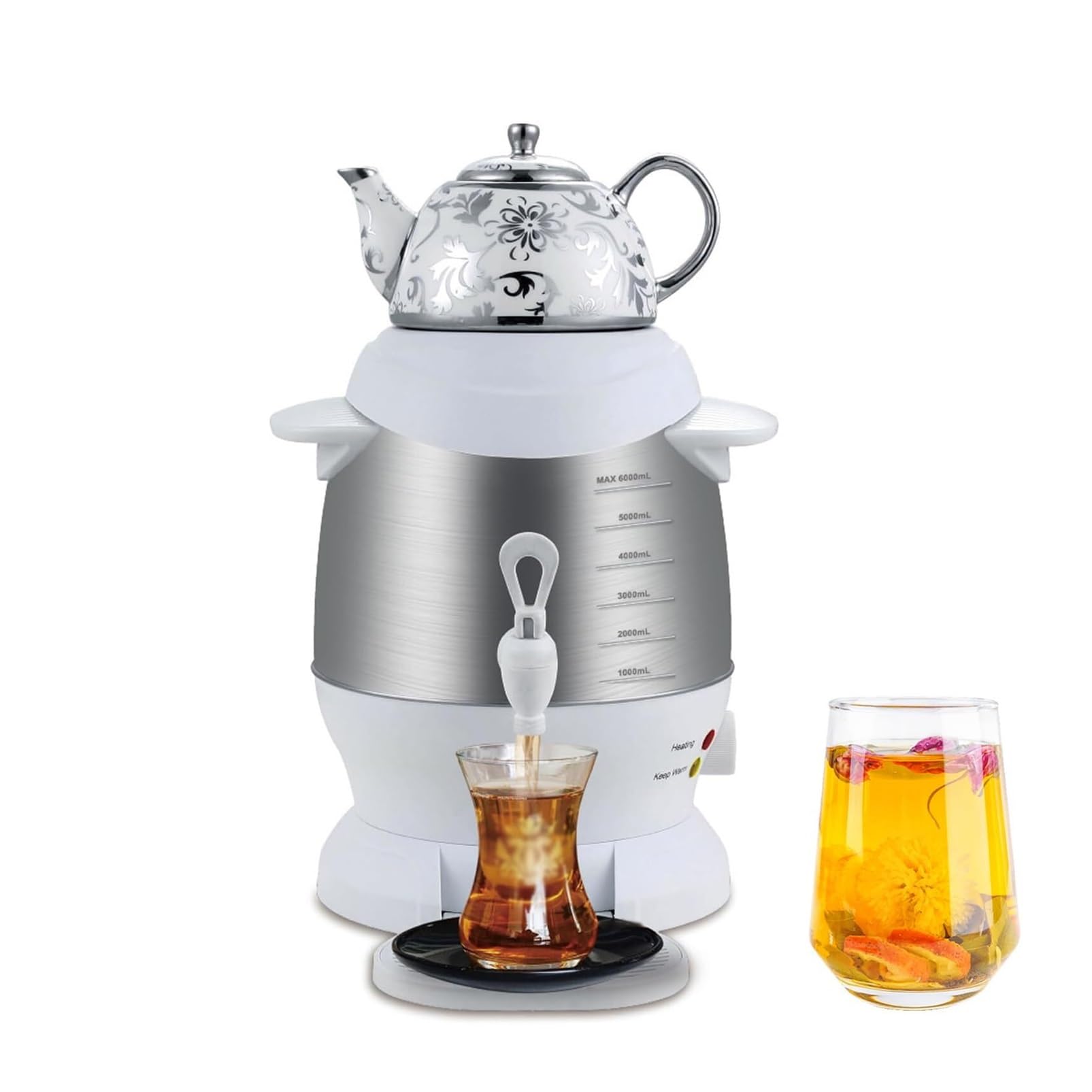 Turecki dzbanek do herbaty, Samowar ze stali nierdzewnej 1800 W, z 5-litrowym i ceramicznym czajniczkiem 1 litr, funkcja utrzymywania ciepła rękojeść zapobiegająca oparzeniom, do kawy, czarnej herbaty