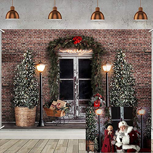 Mocsicka Merry Christmas Photography Background Vintage Brown Glitter Brick Wall Door Backdrop Banner Xmas Tree Street Lamp Gifts Birthday Family Party Cake Table Decor Studio Photo Props (7x5f)