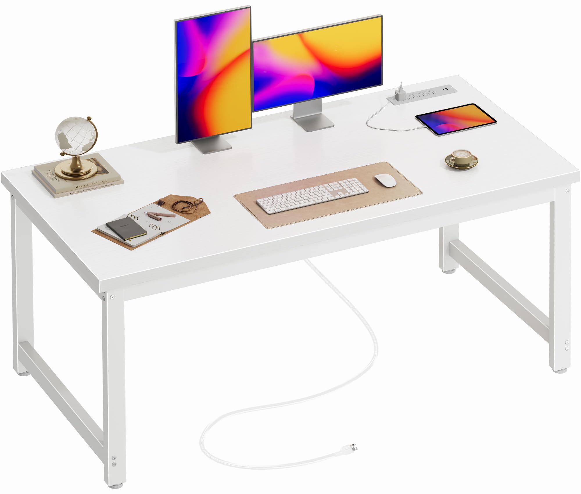 Huuger 55 x 24 inch Desk with Power Outlets & USB-C, Deeper & Thicker Desktop, Robust Metal Tubes, Computer Desk, Heavy Duty Office Desk, Work Gaming Desk for Home Office, White