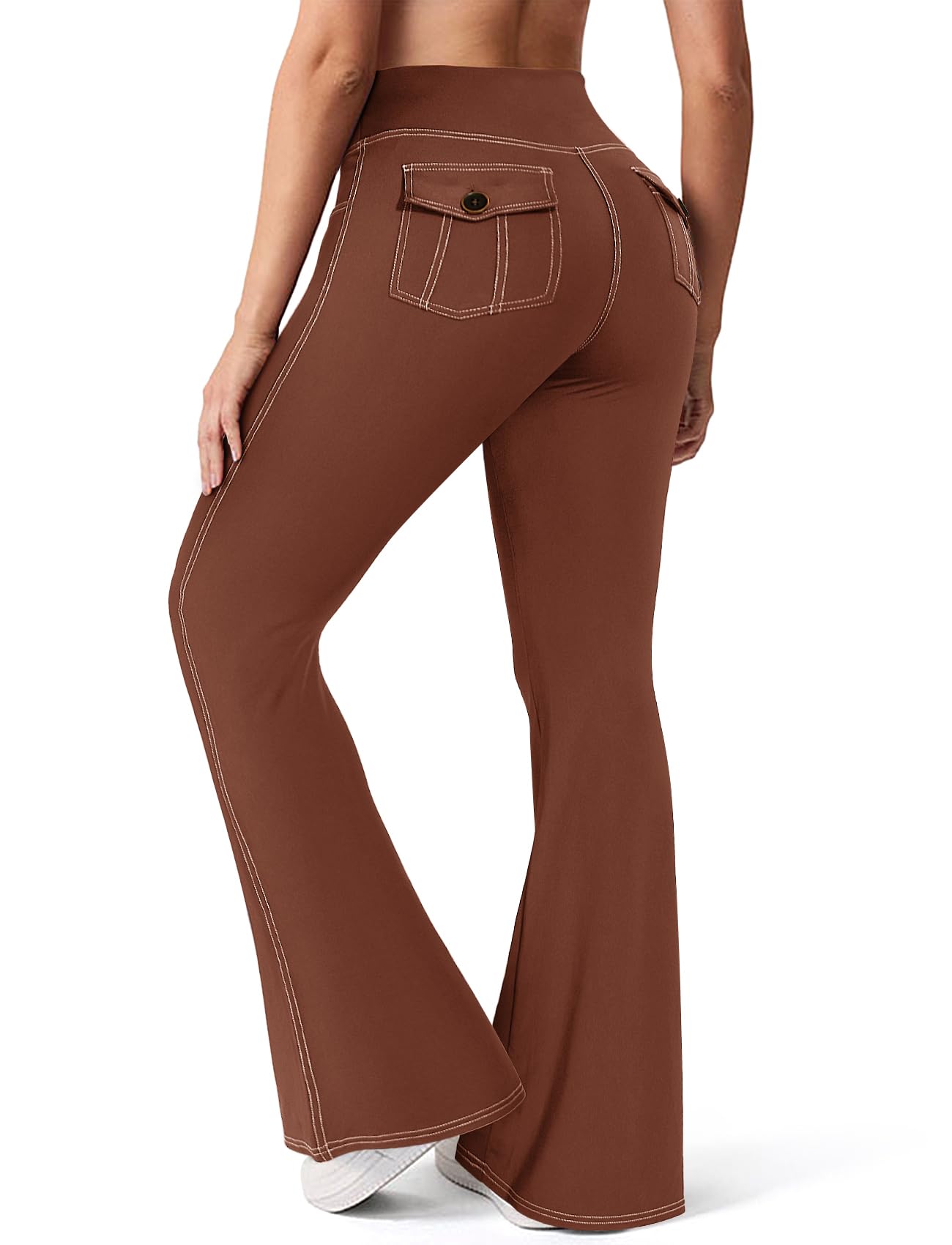 SEASUM Cargo Yoga Flare Leggings for Women with Flap Pockets Workout Contrast Stitching Bootcut Yoga Pants Imitation Jeans