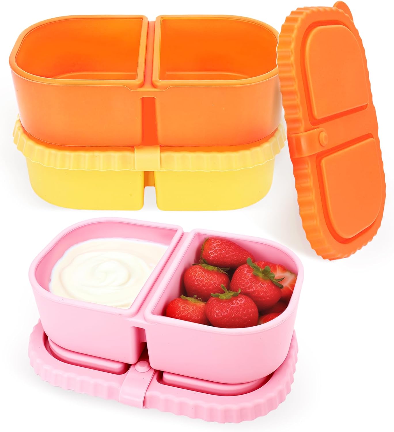 3Pcs Silicone Reusable Snack Container with Lids Mini 2 Compartment Snack Containers for Salad Dressing Sauce Seasoning Container Small Divided Food Meal Storage Box for School Office Travel