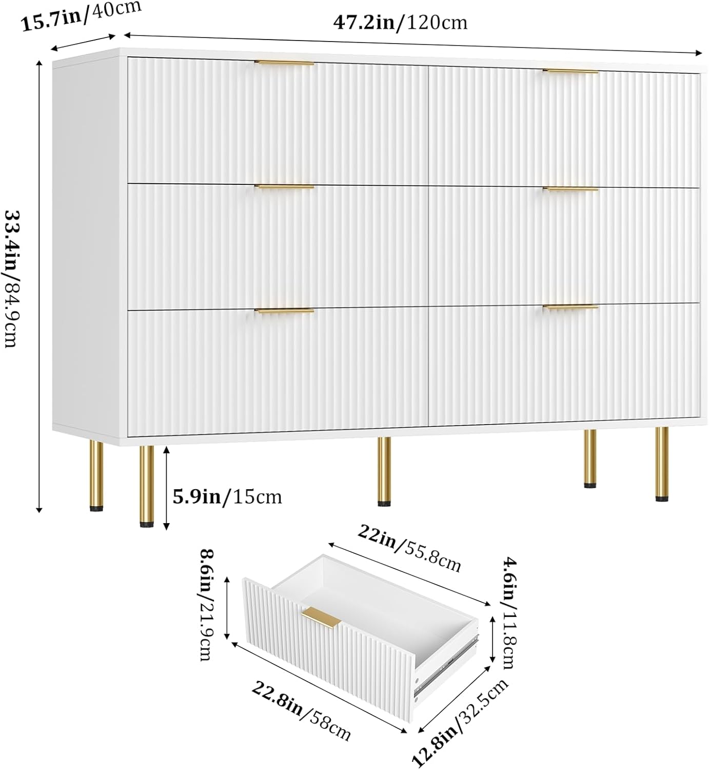 Diagram showing the dimensions of the IDEALHOUSE 6-Drawer Dresser and its individual drawers.
