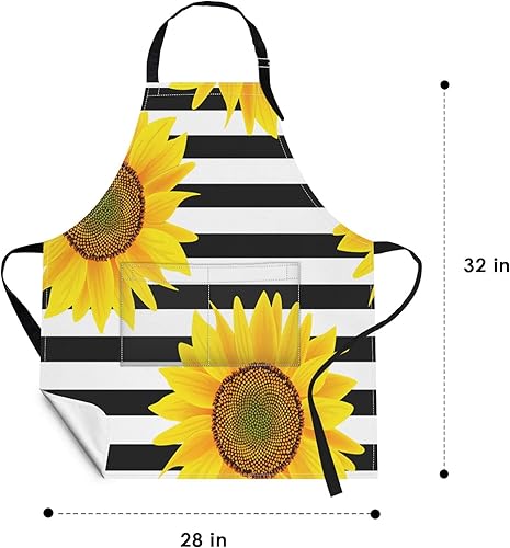 Miniatura 2 de Britimes Delantal de cocina para el hogar, cocina, horneado, jardinería para mujeres y hombres con bolsillos, girasoles a rayas, flores blancas y