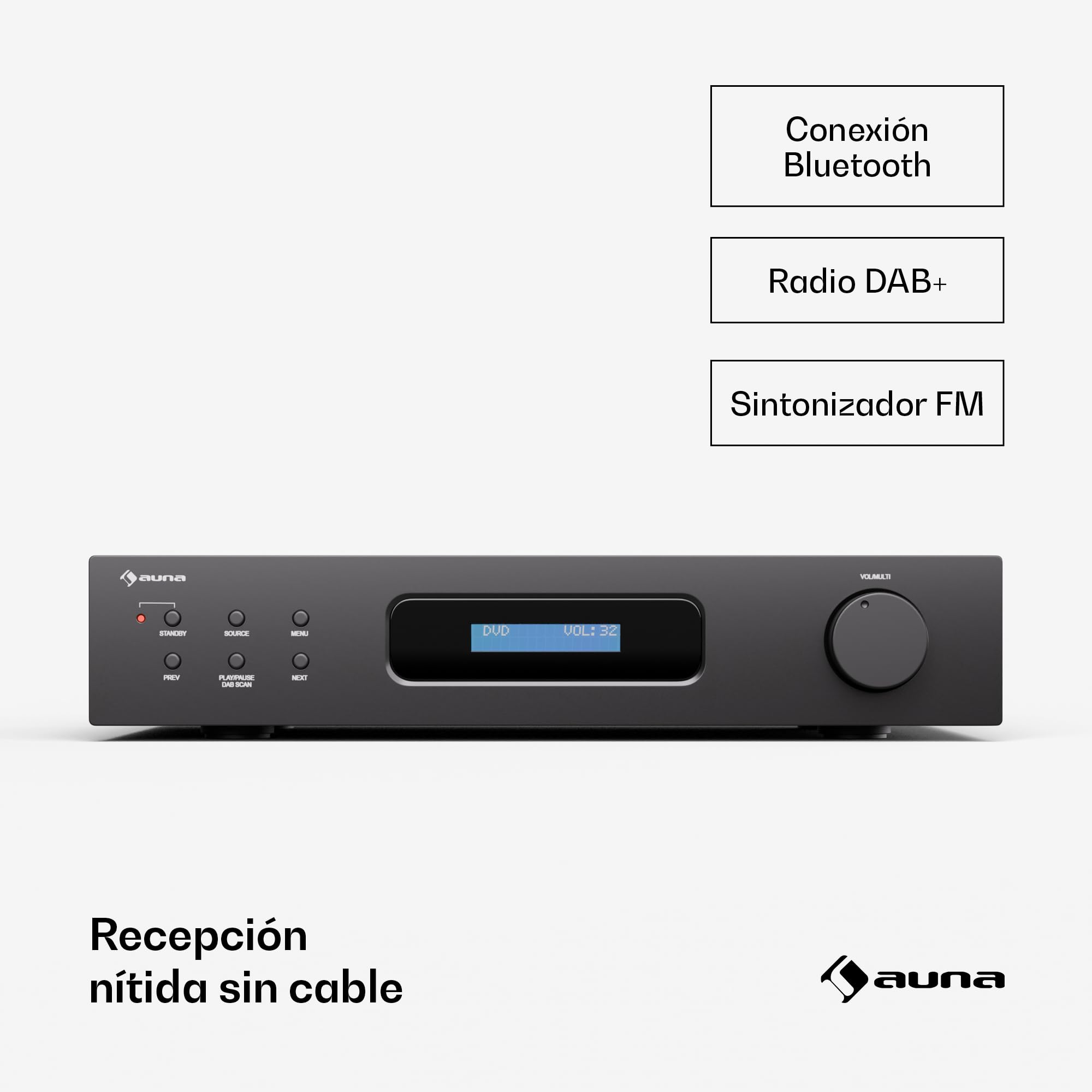 Auna Art22 Amplificador HiFi Bluetooth & Radio Dab+ - 2x60W Sonido Estéreo, Entradas Óptica & Coaxial, Sintonizador FM, Reproducción CD/DVD, Mando a Distancia, Diseño Compacto, Negro
