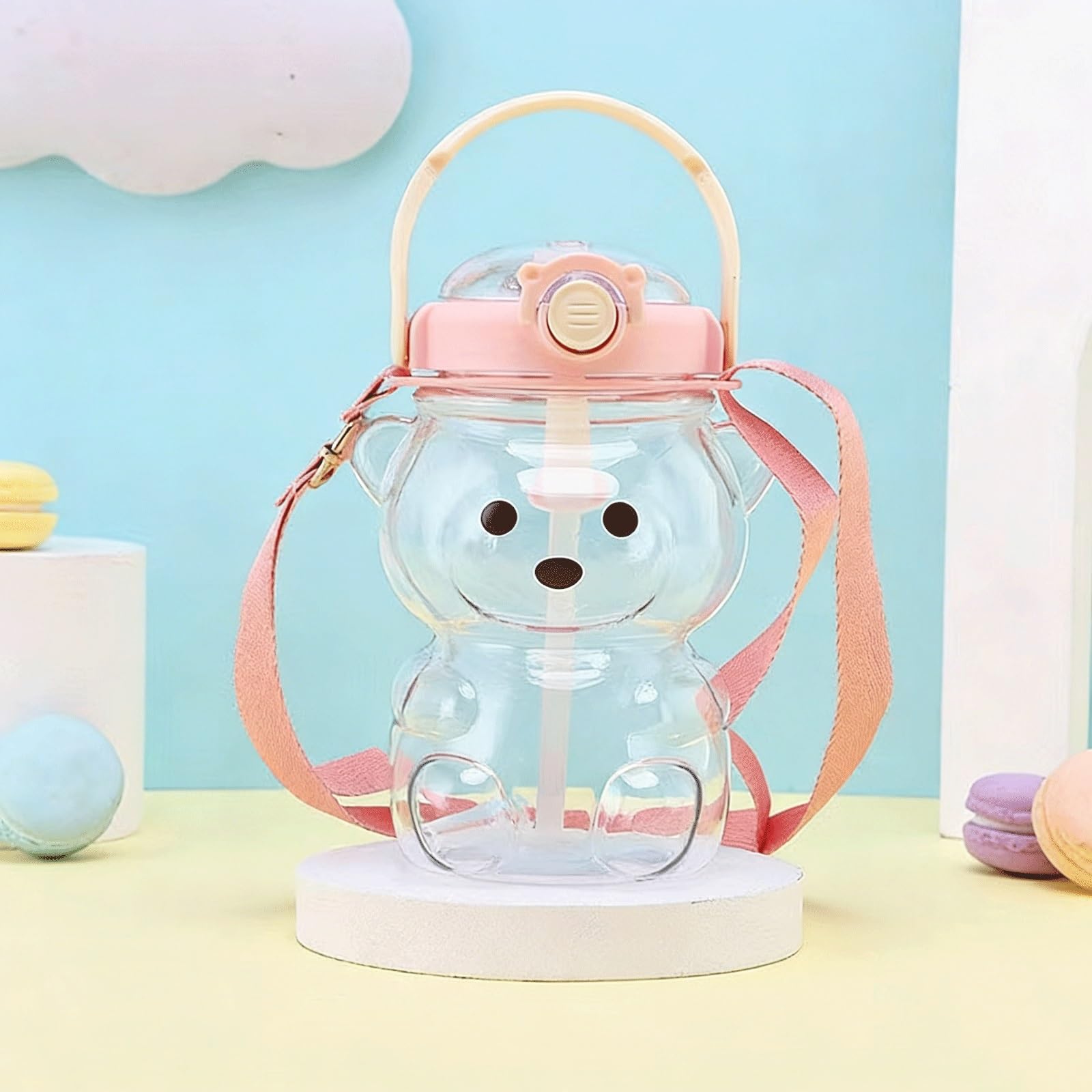LLiuvcc Cute Bear Water Bottle 1000ml/34oz, BPA Free Leakproof Straw Bottle With Adjustable Shoulder Strap For School Travel Sports(Color3)