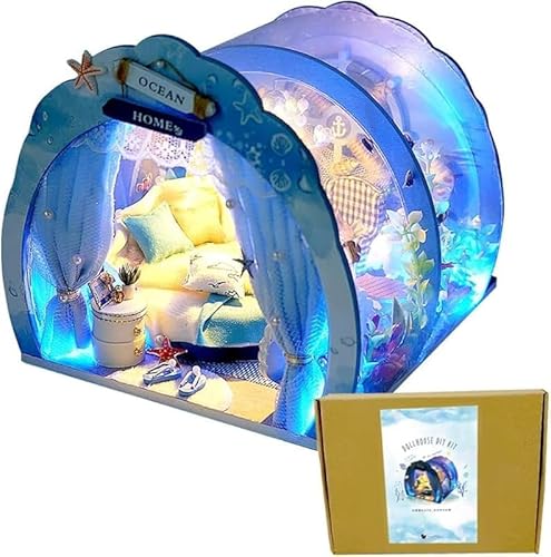 Rutexc DIYドールハウス 深海のささやき 手作り組み立て住宅モデル 1/24 ミニチュア手作りキット 女の子向け 誕生日プレゼント 水族館風360度水中ハウス 海の静的モデル クリエイティブギフト ハワイ風