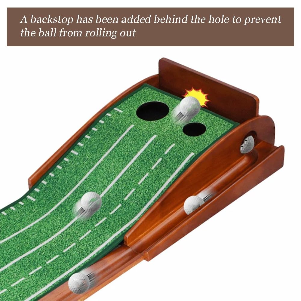 exproyzk Entrenador De Putt para Golf En Interiores: Ayuda Portátil para El Entrenamiento De Golf con Base De Madera Y Retorno De Bolas; Alfombrilla De Putt para Practicar En Casa