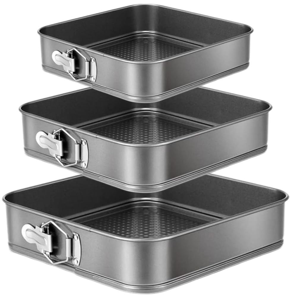 Springform Cake Pan Set of 3 (9.5, 10, 11 Inch) Square Baking Pans Nonstick Cheesecake Pans with Removable Bottom Bakeware for Cake, Cheesecakes, Pizza, and Quiches