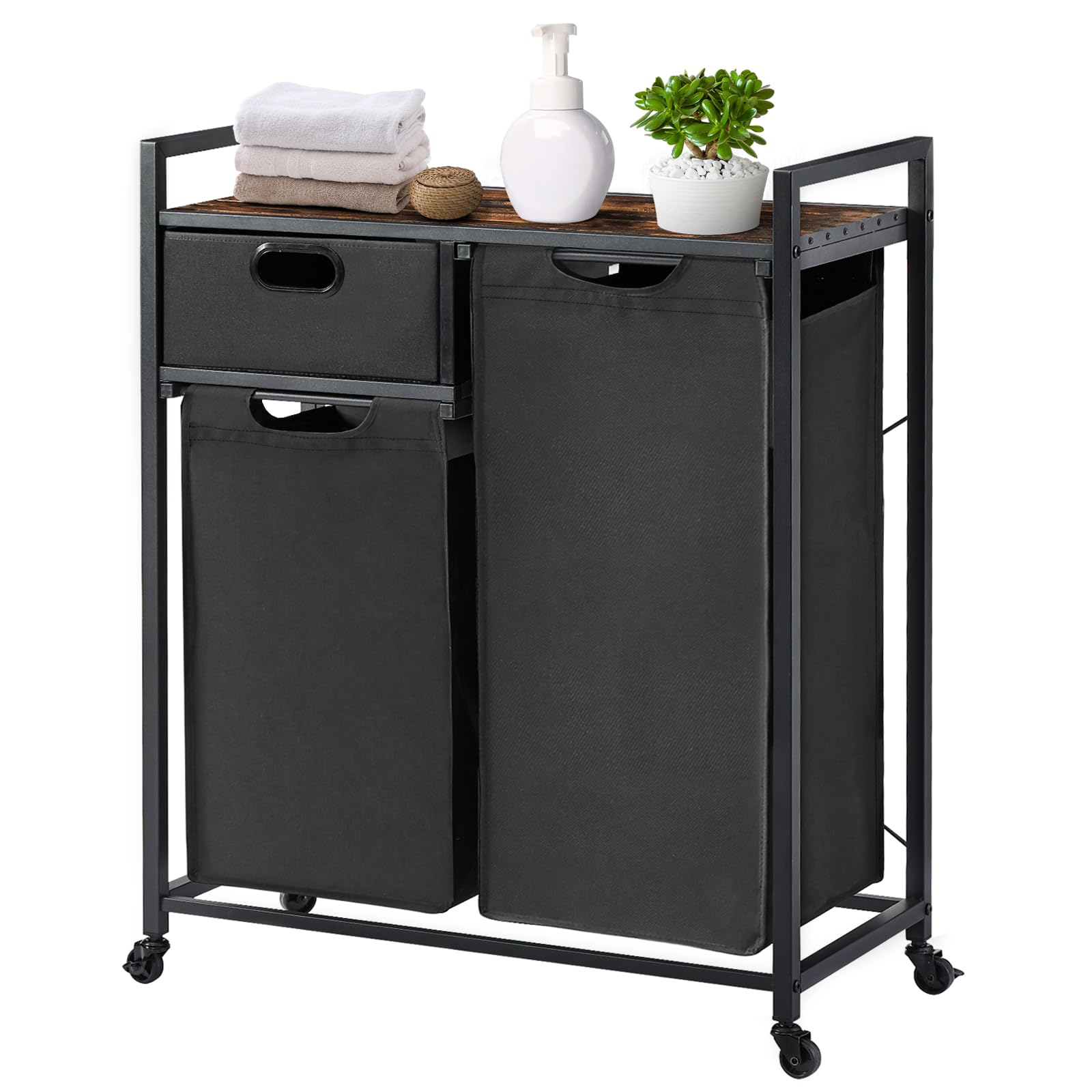 Laundry Basket, Laundry Hamper with Wheels, 2 Removable Bags & Drawer, Large Capacity Laundry Sorter, Laundry Room Organization for Dirty Clothes, Rustic Brown and Black