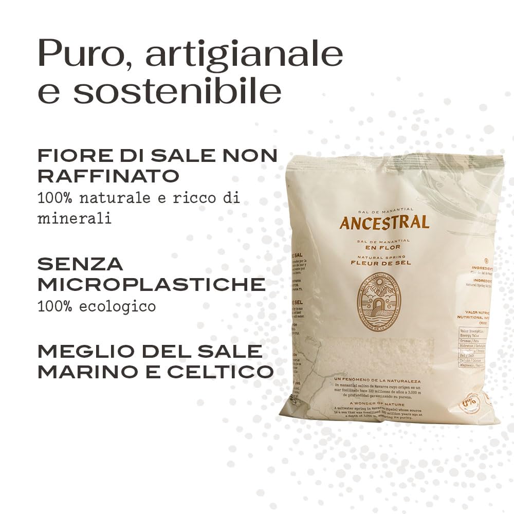 Fiocchi di sale 100% biologici - Fleur de Sel non raffinato e privo di microplastiche. Raccolto a mano da una sorgente nei Pirenei spagnoli. Ricco di minerali. Ideale per un tocco gourmet.