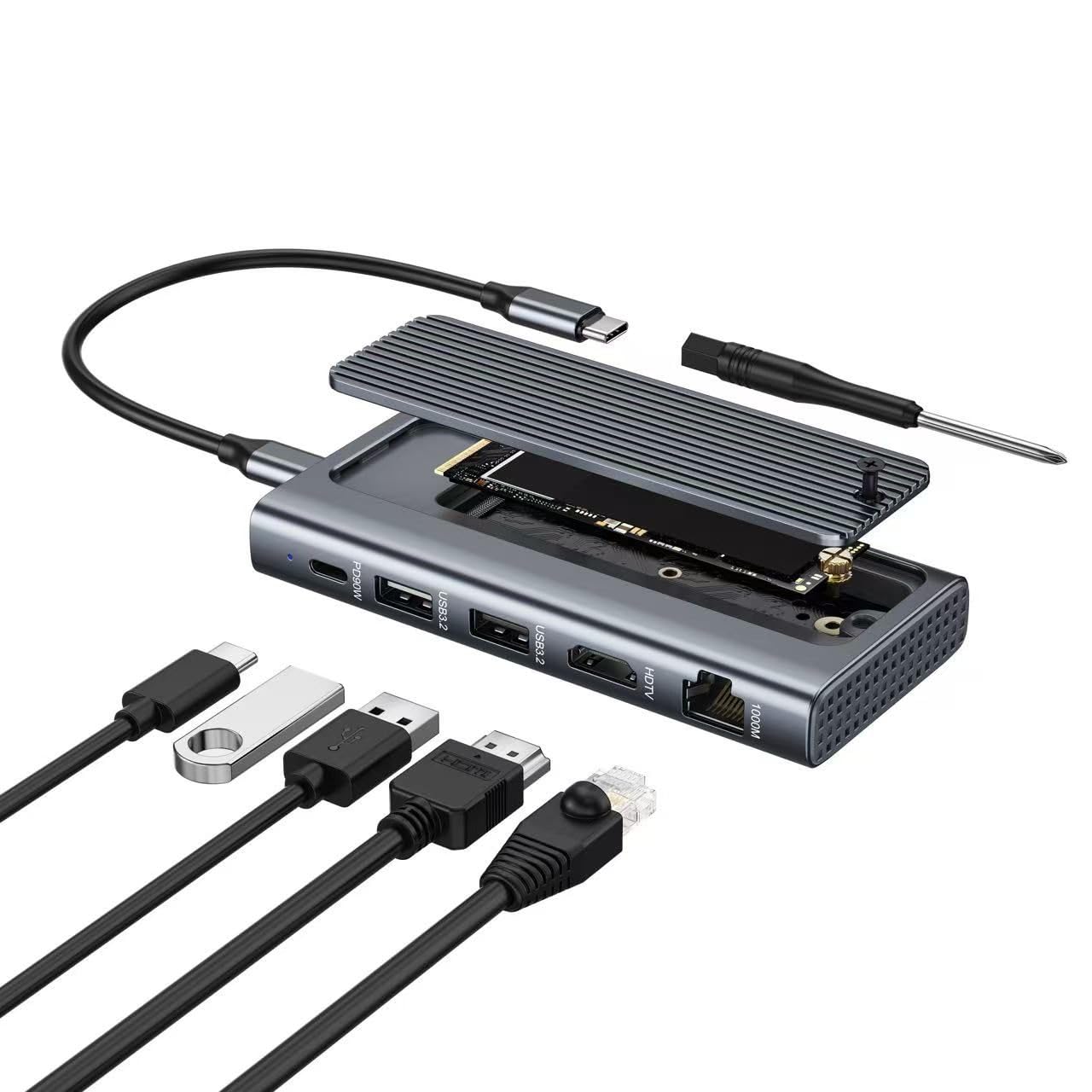 Coverzone USB-C Docking Station with M.2 NVMe Enclosure – 4K 60Hz HDMI, 1000Mbps Ethernet, 2×USB 3.2 Gen2 10Gbps, 90W PD Şarj Desteği, 2280/2242 NVMe SSD Harici Disk Kutusu | ZR1145