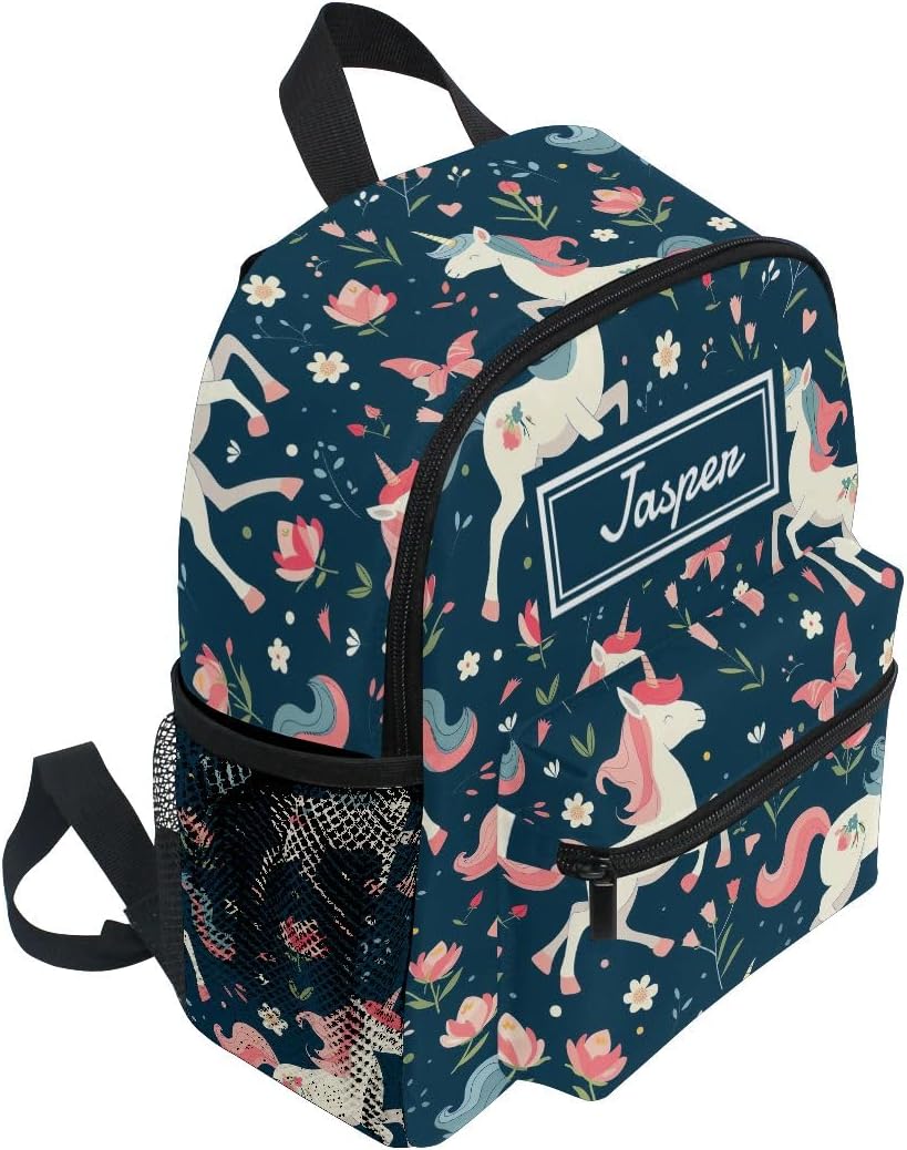 CHIFIGNO Personalized Kids Backpack Back to School, Custom Mini Backpacks Travel Bookbag for Girls Boys, Cute Unicorns Flowers Blue