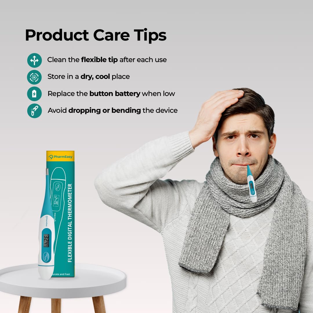 PharmEasy Digital Flexible Tip Thermometer for Fever, Fast & Accurate Temperature Reading in Celsius | Waterproof, Oral & Underarm Use for both Kids & Adults | Ideal for Home Use, Easy-to-Read Screen - Image 7 thumbnail