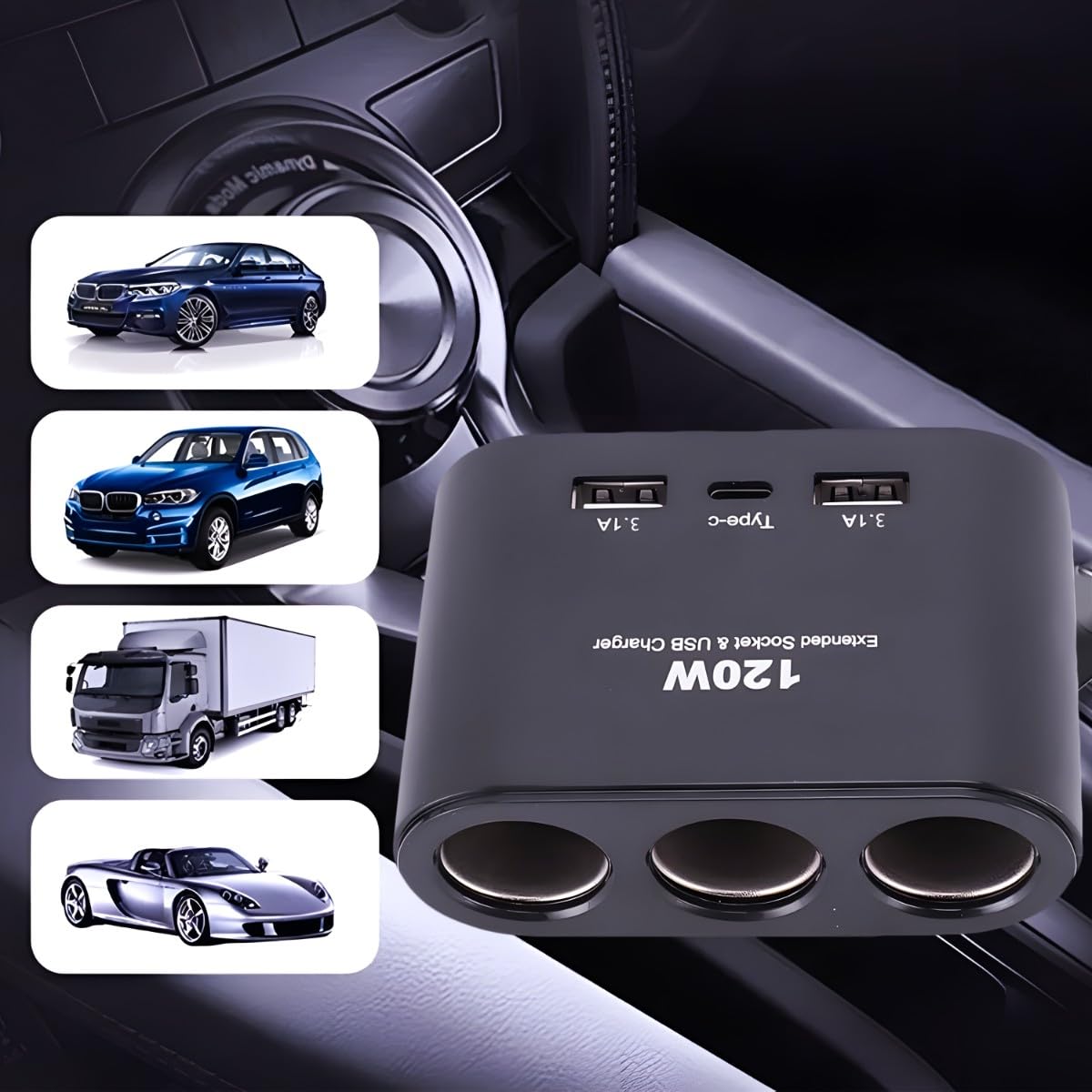 12-24V 4xusb Presa Accendisigari Distributore + Cavo - Foto 5