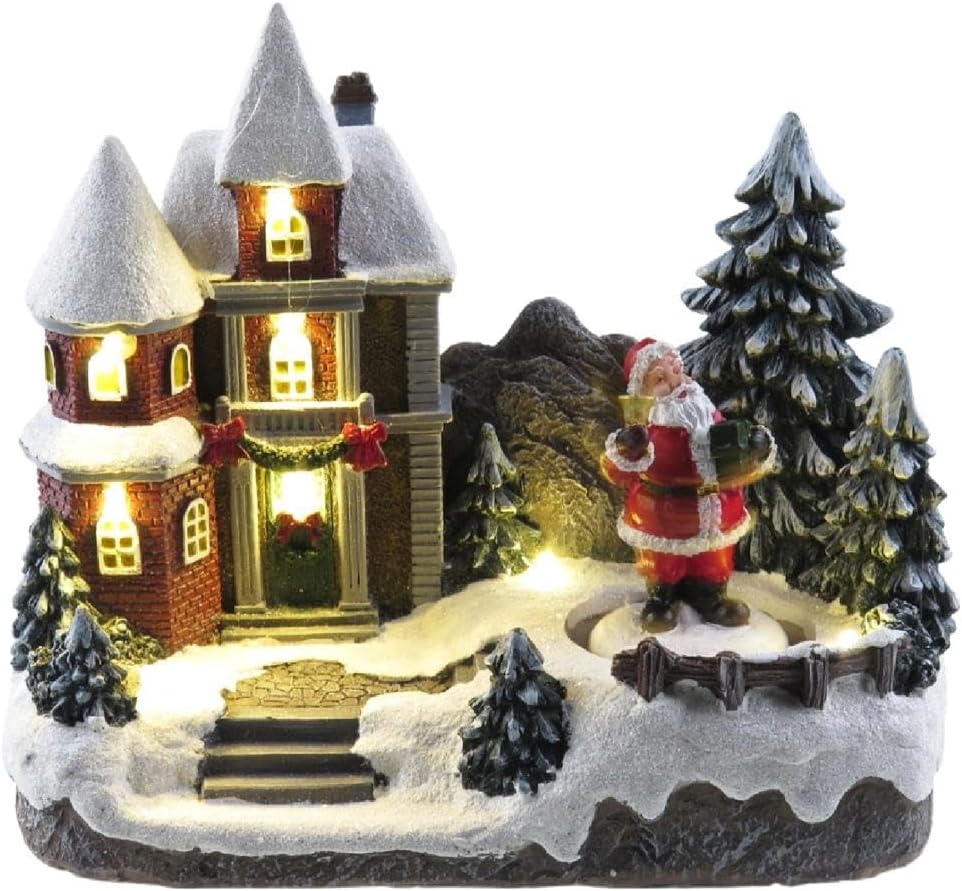Lightahead Christmas LED Lighted Village House Figurine with Turning Santa Musical Decoration with 8 melodies