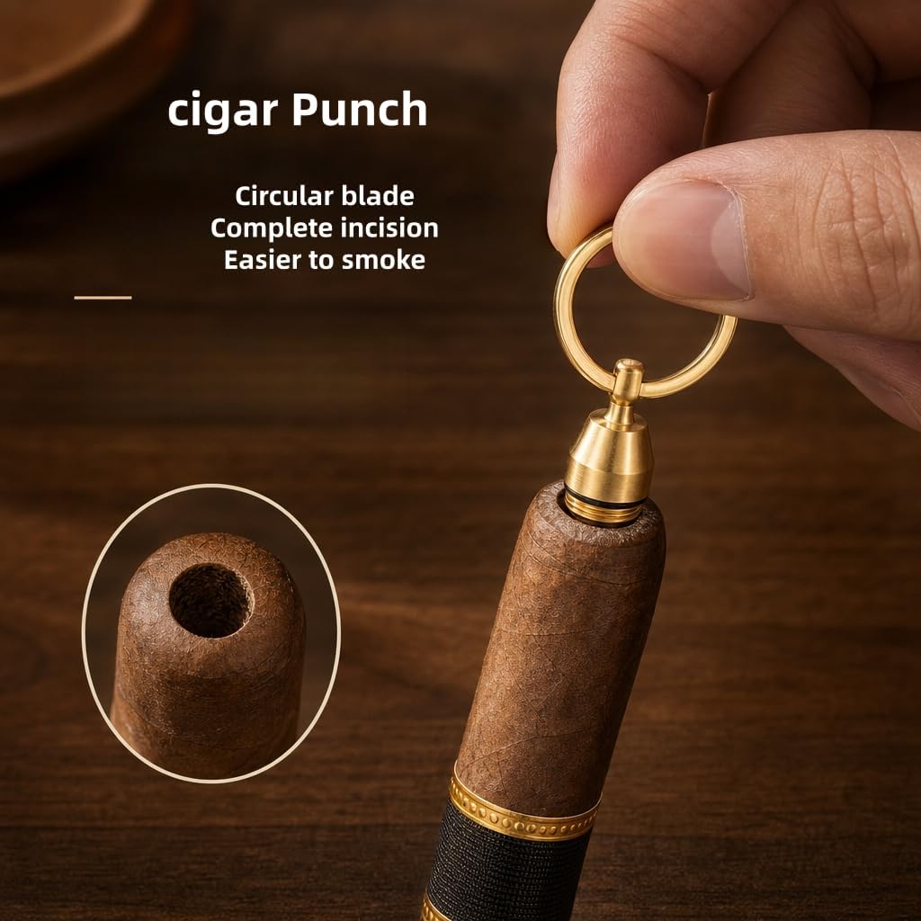 Cigar Punch Portable 2-in-1 Stainless Steel Cigar Hole Opener Cutter (Gold)
