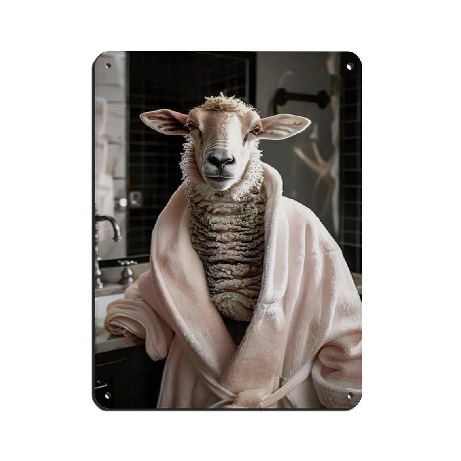 Funny Sheep in Bathrobe, Bathroom Art Tin Sign Vintage Metal Pub Club Cafe Bar Home Wall Art Decoration Poster Retro 12x16inch(30x40cm)