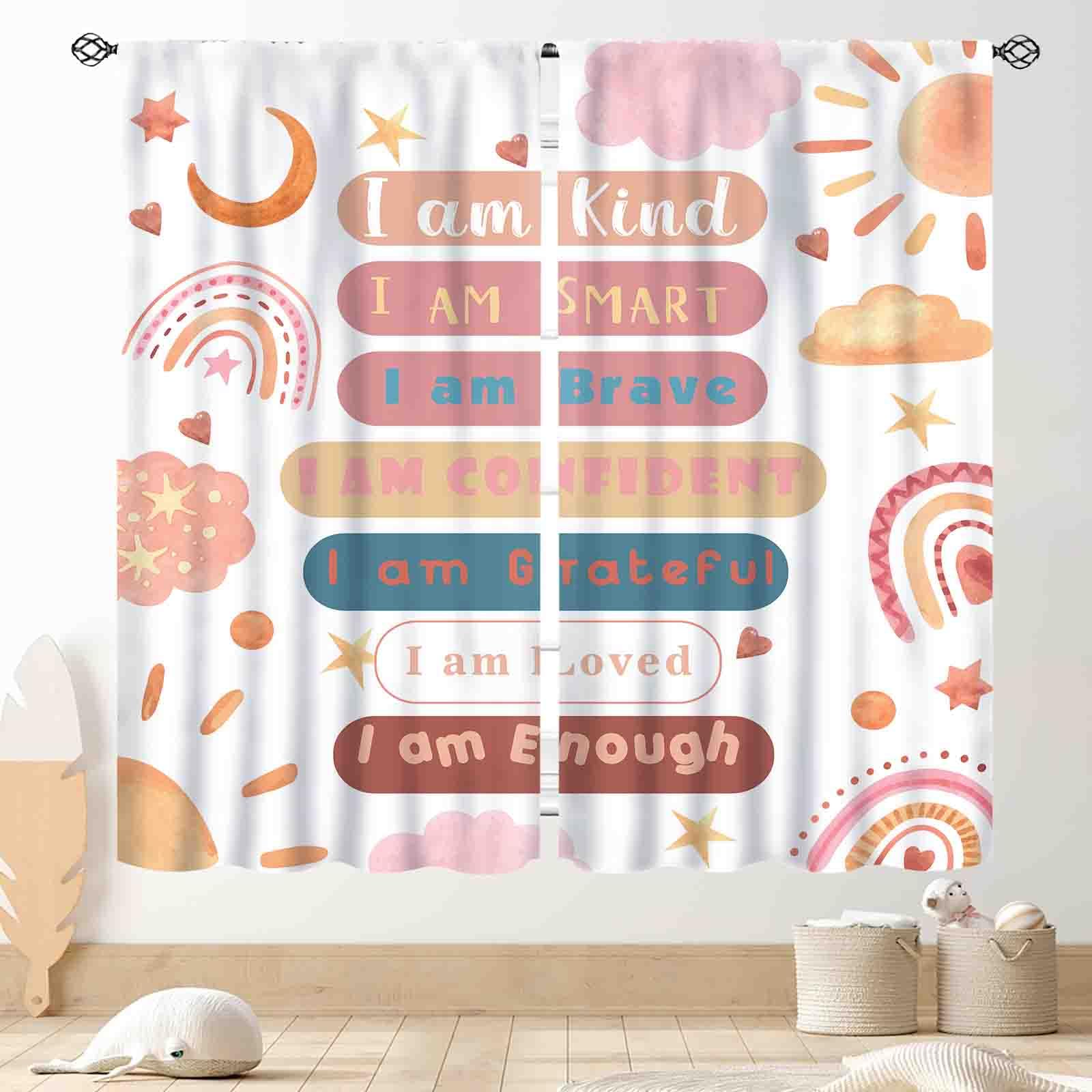 Rainbow Curtains for Classroom, Pink Boho Cute Inspirational Motivational Quotes Rainbow Colorful Pastel Window Drapery for Baby Kids Girls Bedroom Living Room Nursery Bathroom 2 Panels, 63"x63" Inch